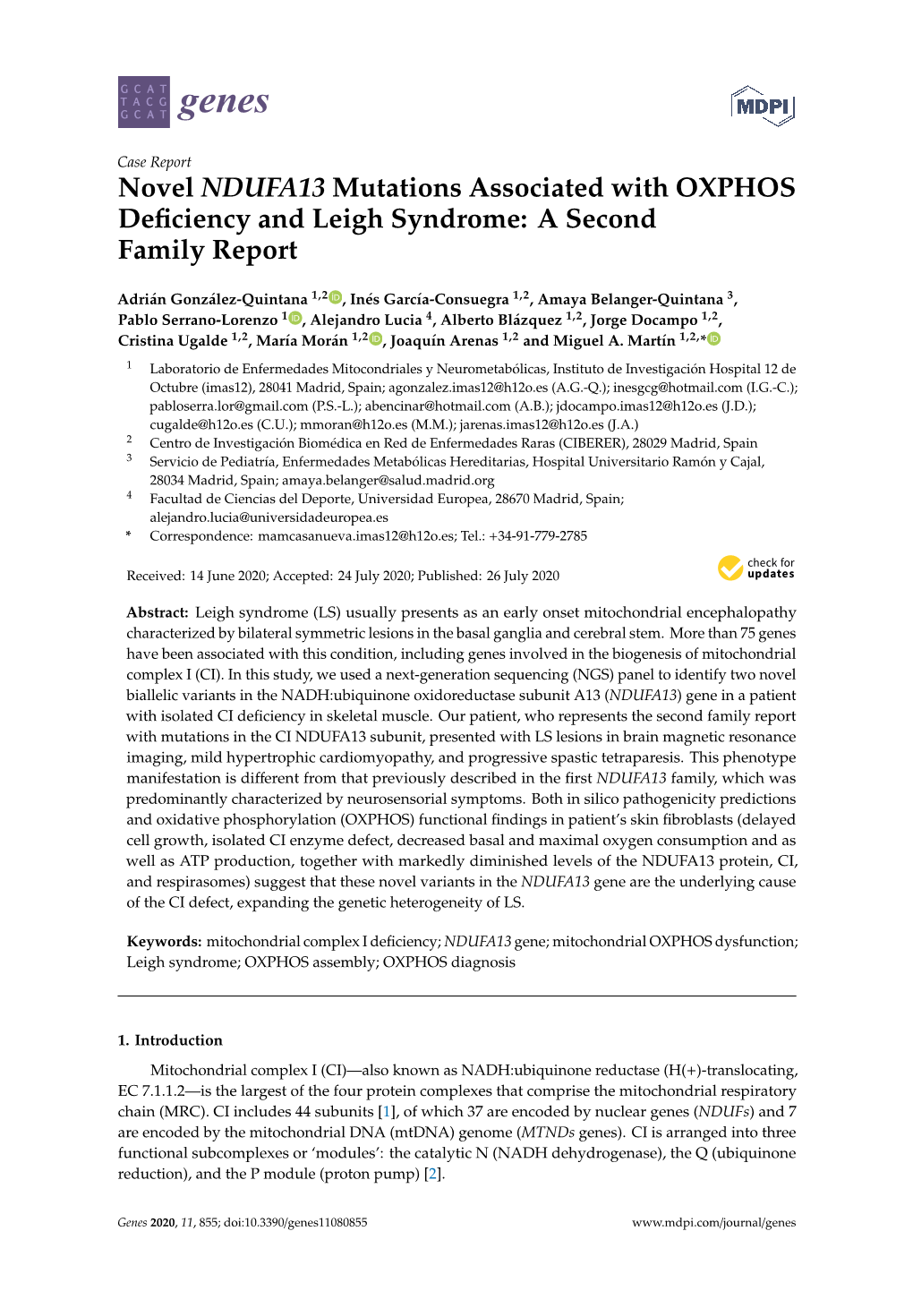 Novel NDUFA13 Mutations Associated with OXPHOS Deﬁciency and Leigh Syndrome: a Second Family Report