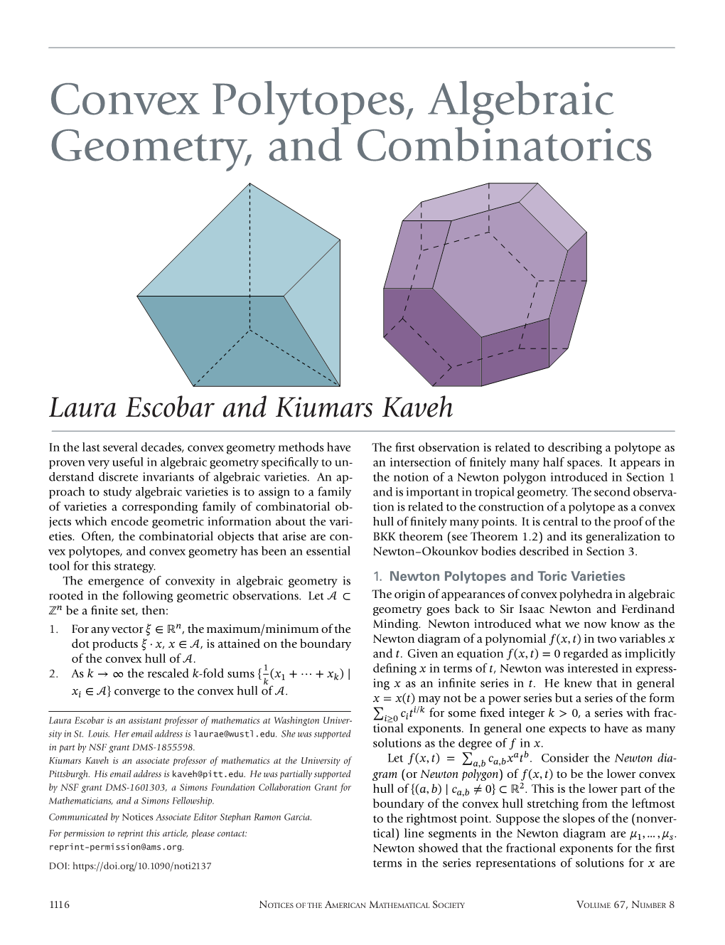 Convex Polytopes, Algebraic Geometry, and Combinatorics