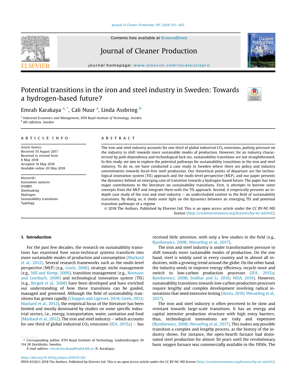 Potential Transitions in the Iron and Steel Industry in Sweden: Towards a Hydrogen-Based Future?