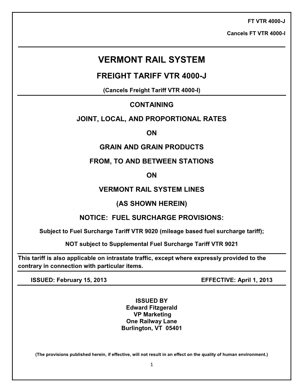 Vermont Rail System Freight Tariff Vtr 4000-J