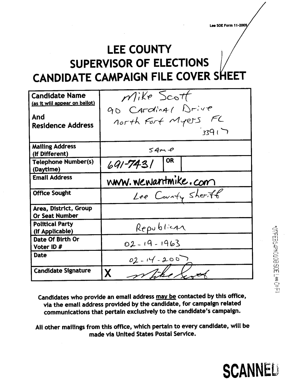 Lee County Supervisor of Elections Candidate Campaign File Cover S Eet