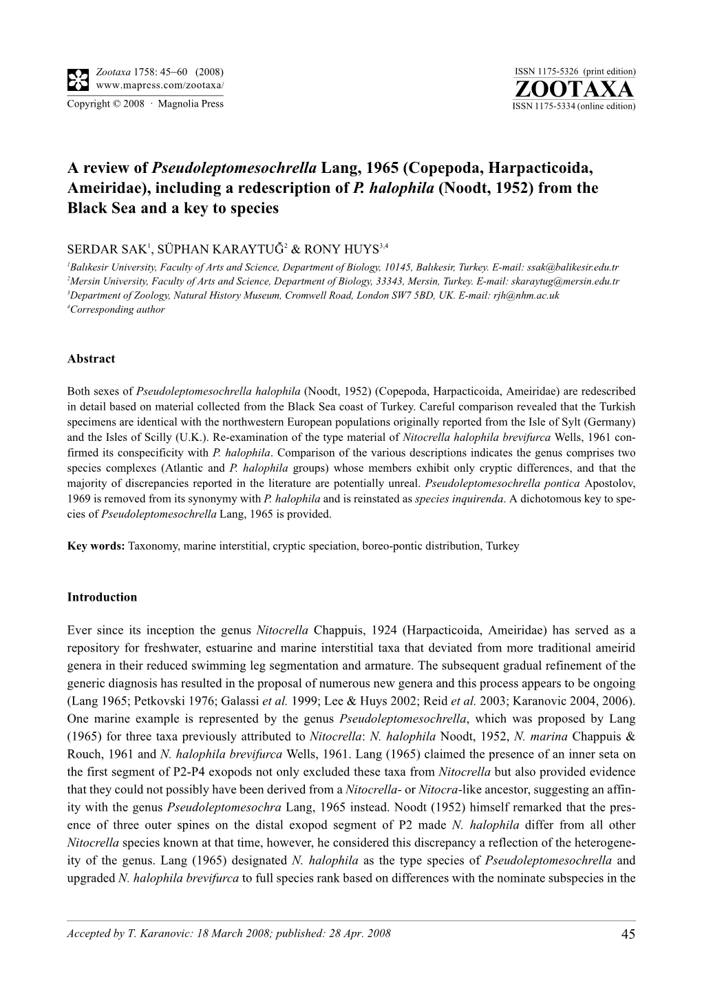 Zootaxa, a Review of Pseudoleptomesochrella Lang, 1965