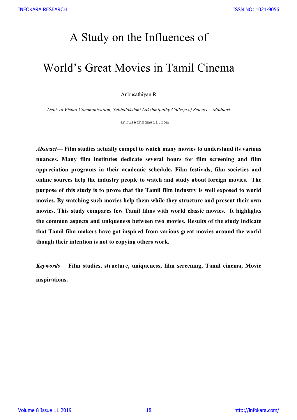 A Study on the Influences of World's Great Movies in Tamil Cinema