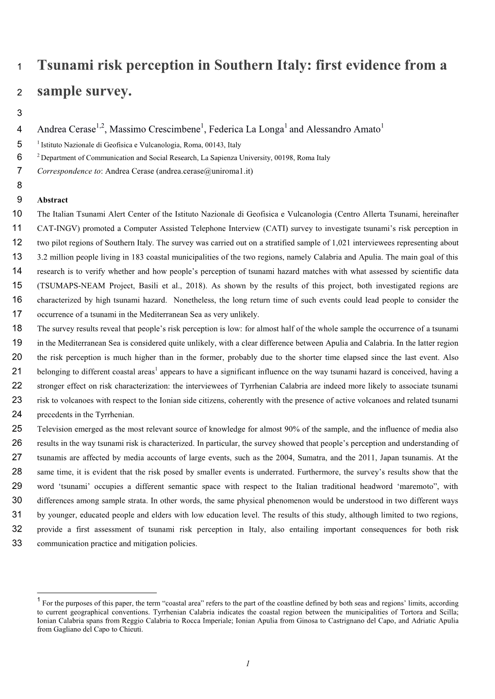 Tsunami Risk Perception in Southern Italy: First Evidence from A