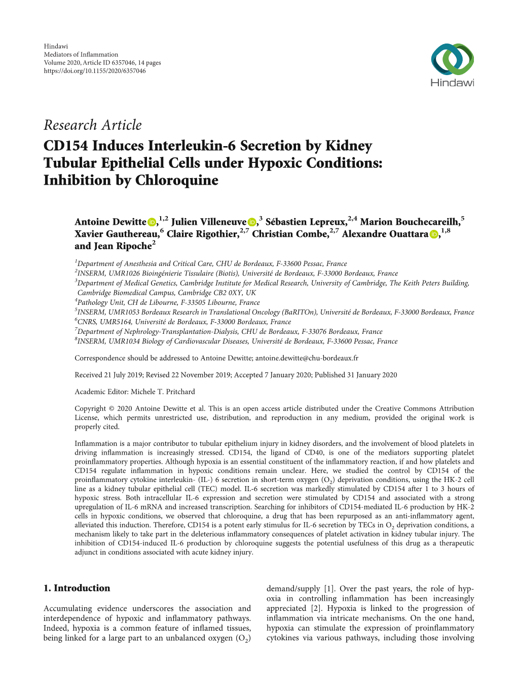 CD154 Induces Interleukin-6 Secretion by Kidney Tubular Epithelial Cells Under Hypoxic Conditions: Inhibition by Chloroquine