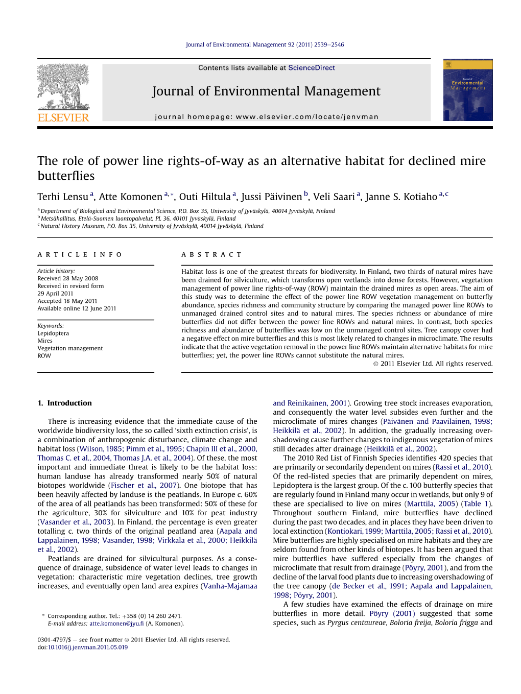 The Role of Power Line Rights-Of-Way As an Alternative Habitat for Declined Mire Butterﬂies