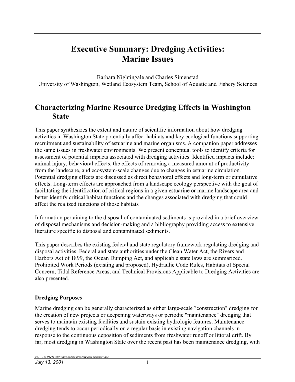 Dredging Activities: Marine Issues