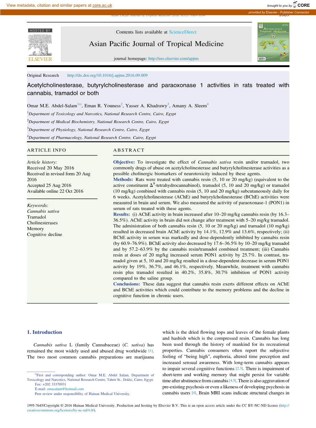 Acetylcholinesterase, Butyrylcholinesterase and Paraoxonase 1 Activities in Rats Treated with Cannabis, Tramadol Or Both