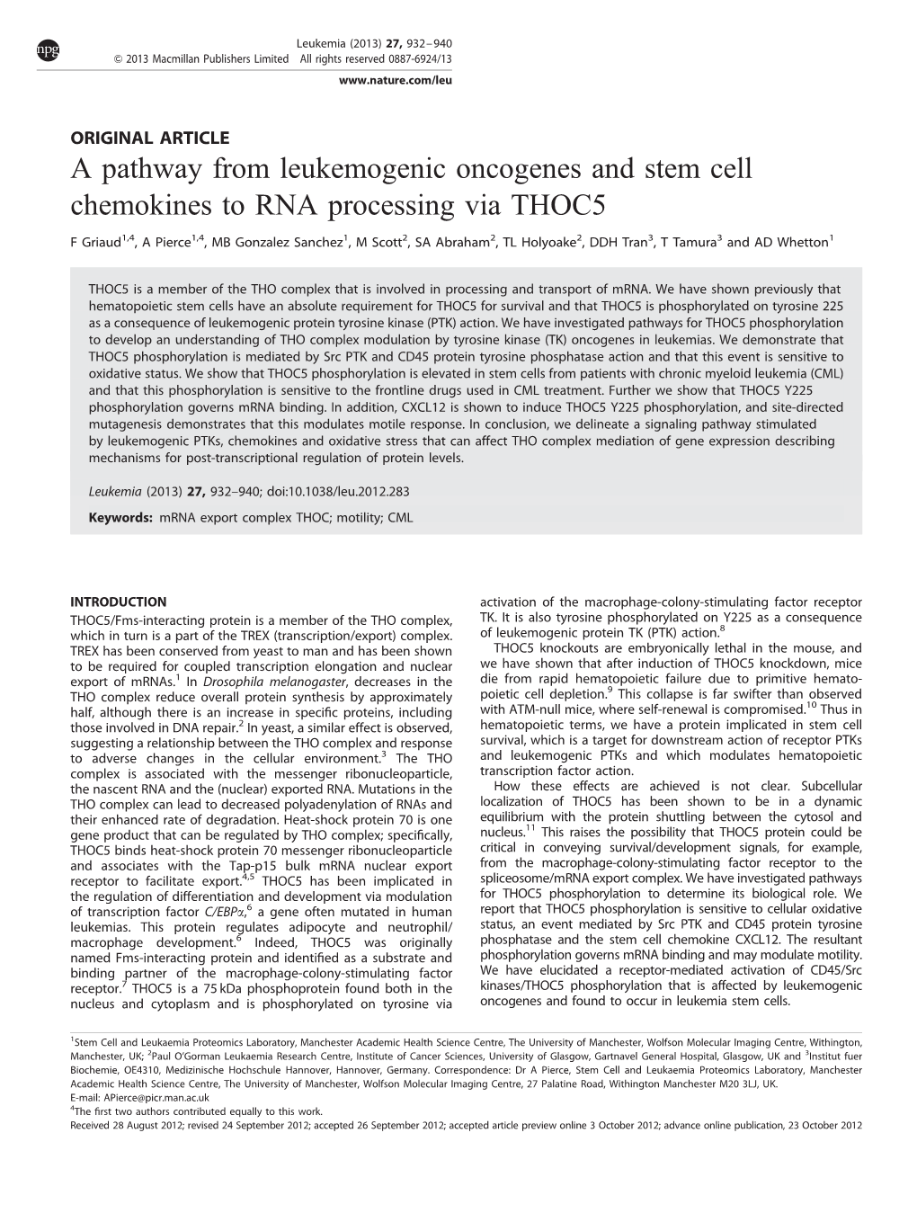 A Pathway from Leukemogenic Oncogenes and Stem Cell Chemokines to RNA Processing Via THOC5