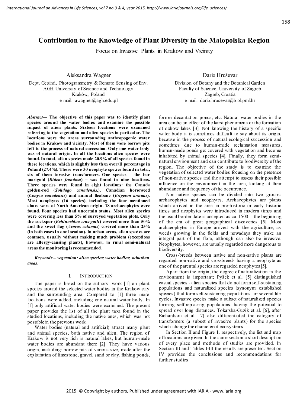 Contribution to the Knowledge of Plant Diversity in the Malopolska Region Focus on Invasive Plants in Kraków and Vicinity