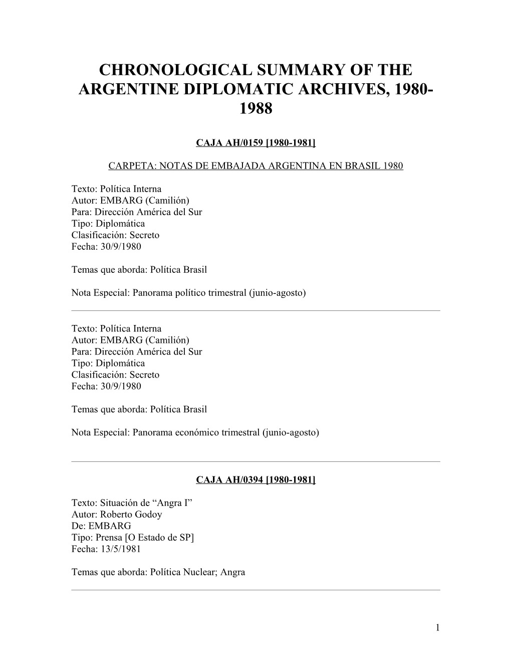 Chronological Summary of the Argentine Diplomatic Archives, 1980-1988