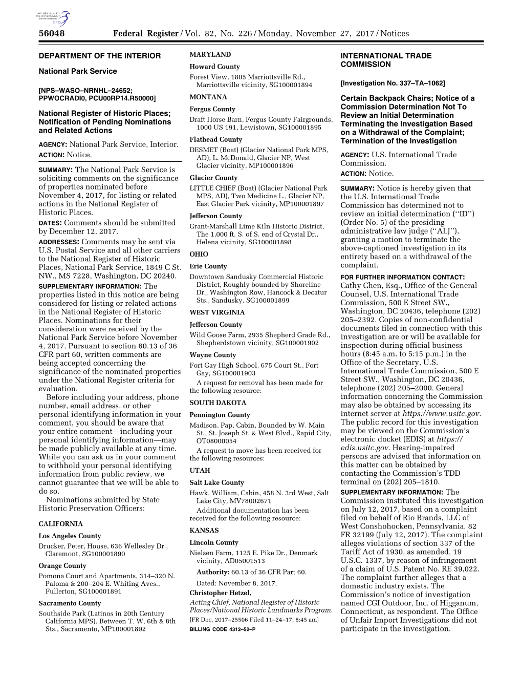 Federal Register/Vol. 82, No. 226/Monday, November 27, 2017