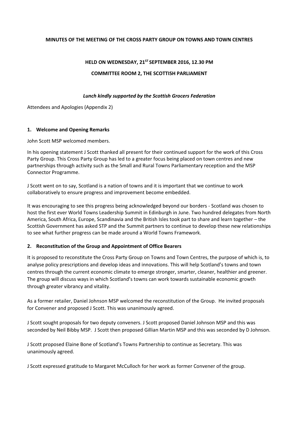 Minutes of the Meeting of the Cross Party Group on Towns and Town Centres