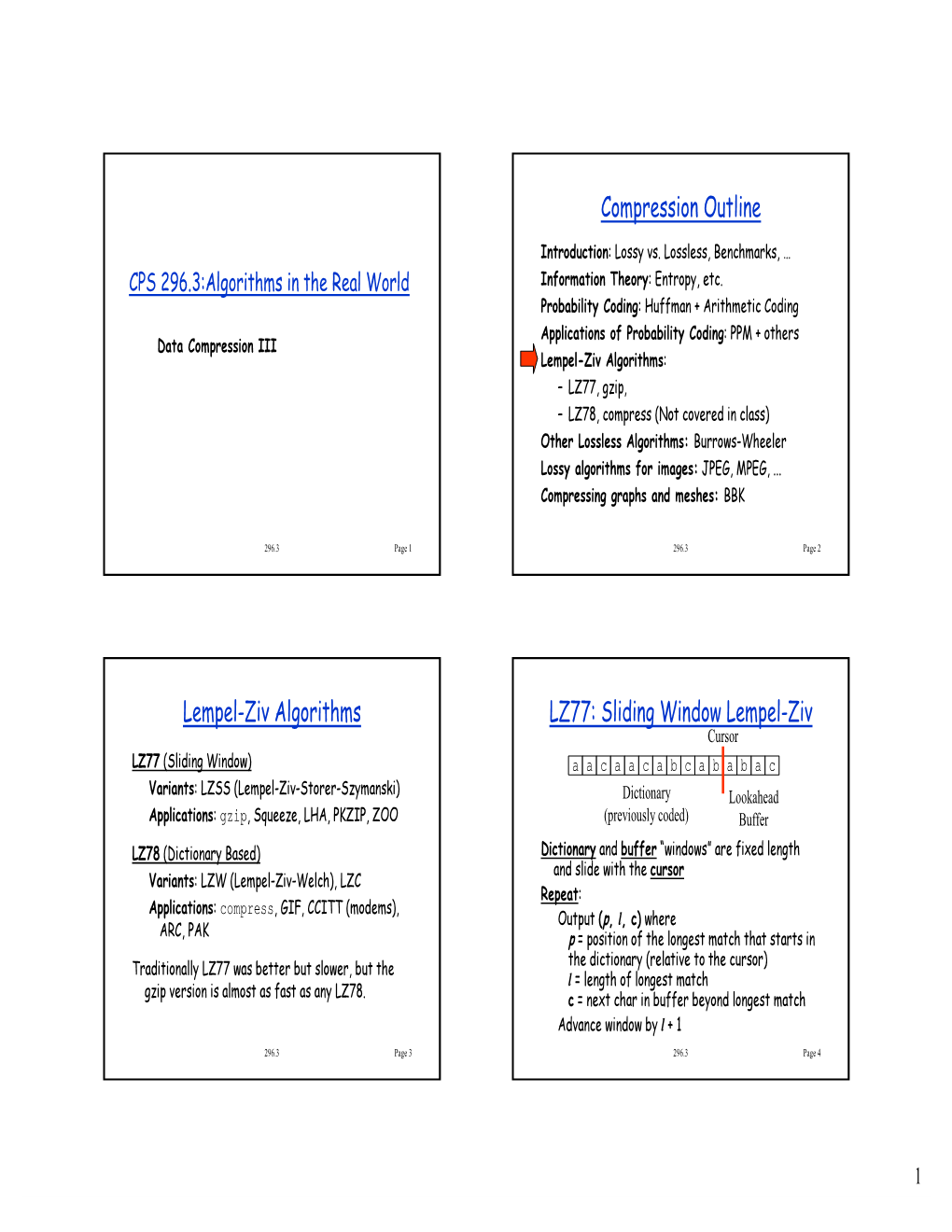 Compression Outline Lempel-Ziv Algorithms LZ77: Sliding Window