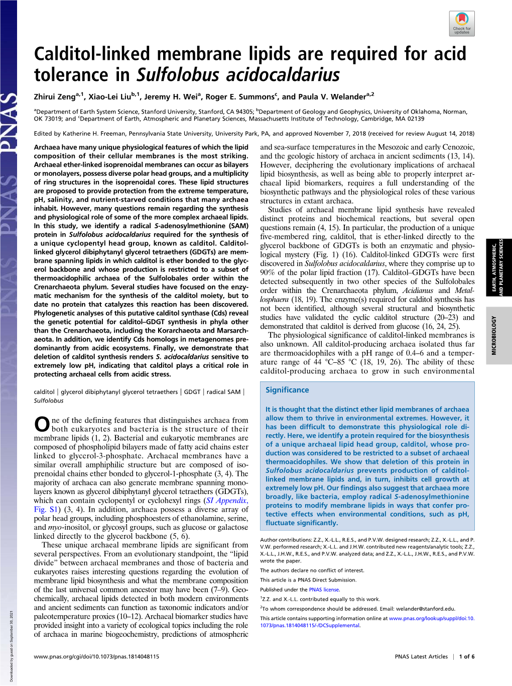 Calditol-Linked Membrane Lipids Are Required for Acid Tolerance in Sulfolobus Acidocaldarius