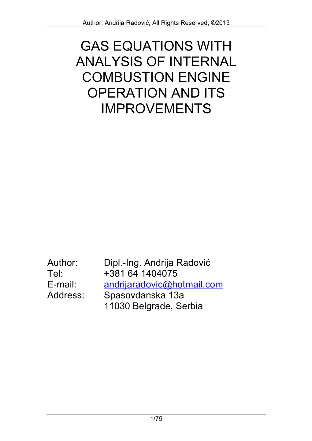 Gas Equations with Analysis of Internal Combustion Engine Operation and Its Improvements