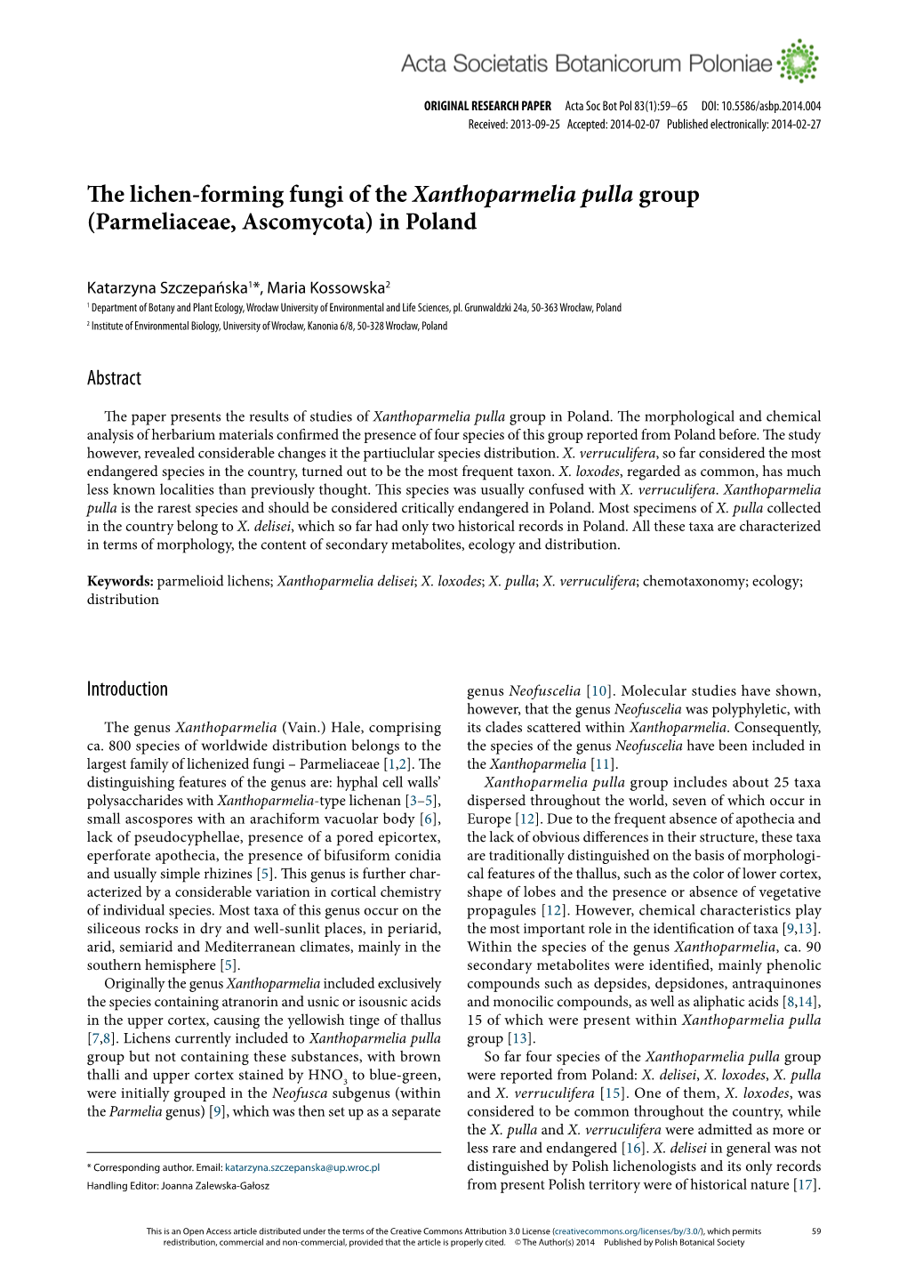 The Lichen-Forming Fungi of the Xanthoparmelia Pulla Group (Parmeliaceae, Ascomycota) in Poland