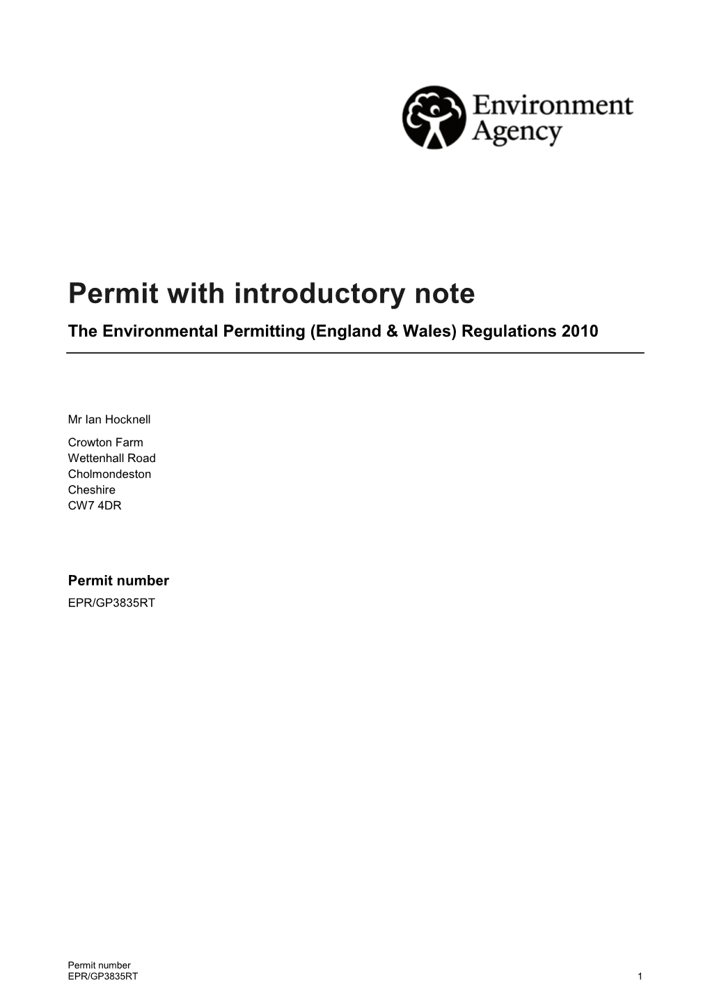 Permit with Introductory Note the Environmental Permitting (England & Wales) Regulations 2010