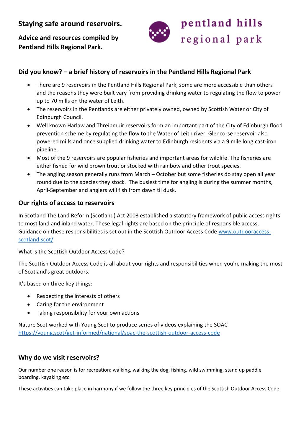 Staying Safe Around Reservoirs in the Pentland Hills Regional Park