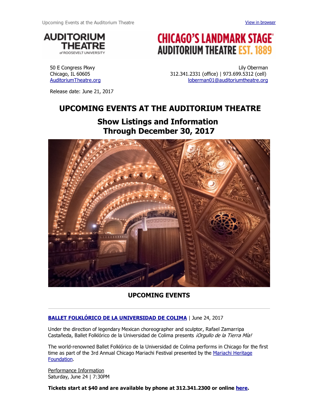 UPCOMING EVENTS at the AUDITORIUM THEATRE Show Listings and Information Through December 30, 2017