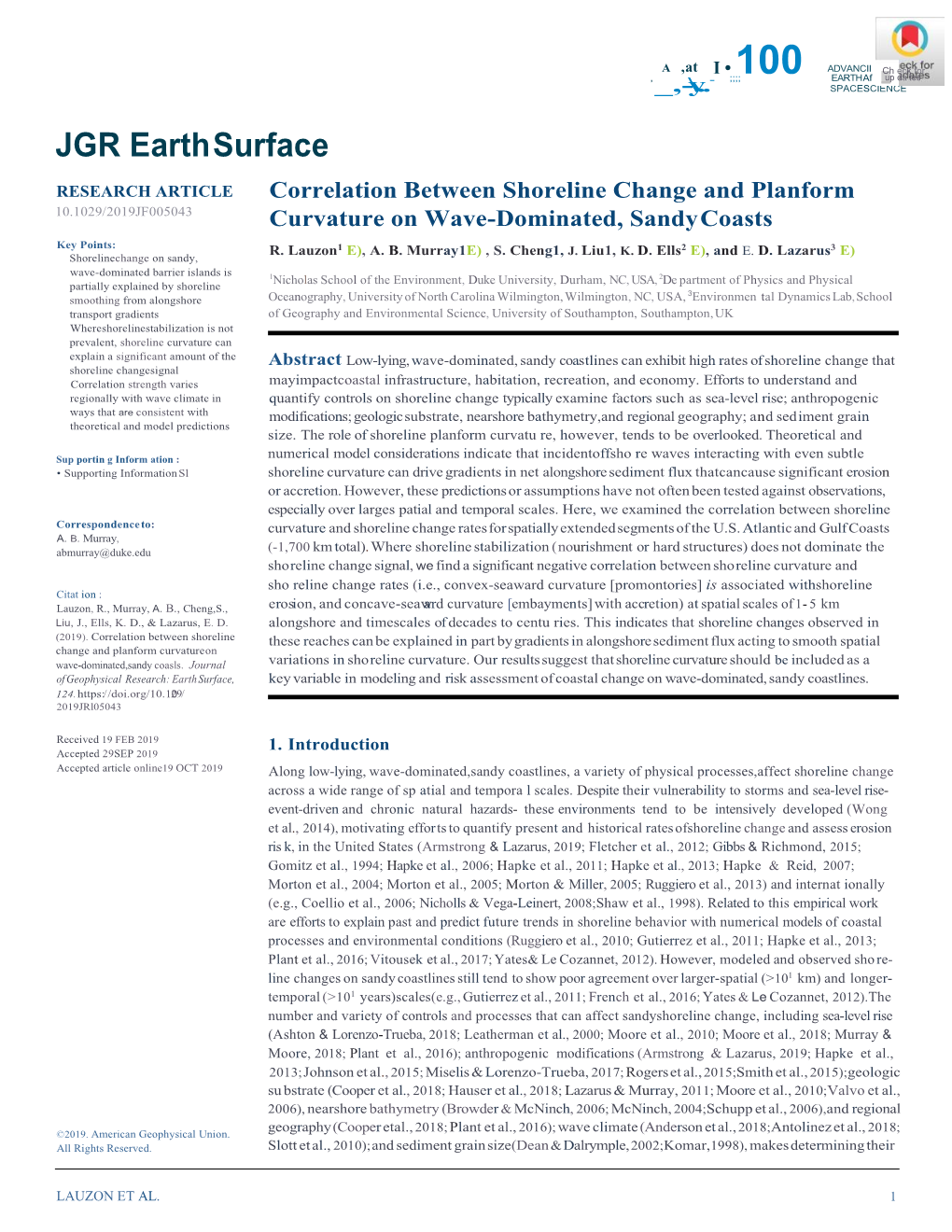 Correlation Between Shoreline Change and Planform Curvature on Wave‐Dominated, Sandy Coasts