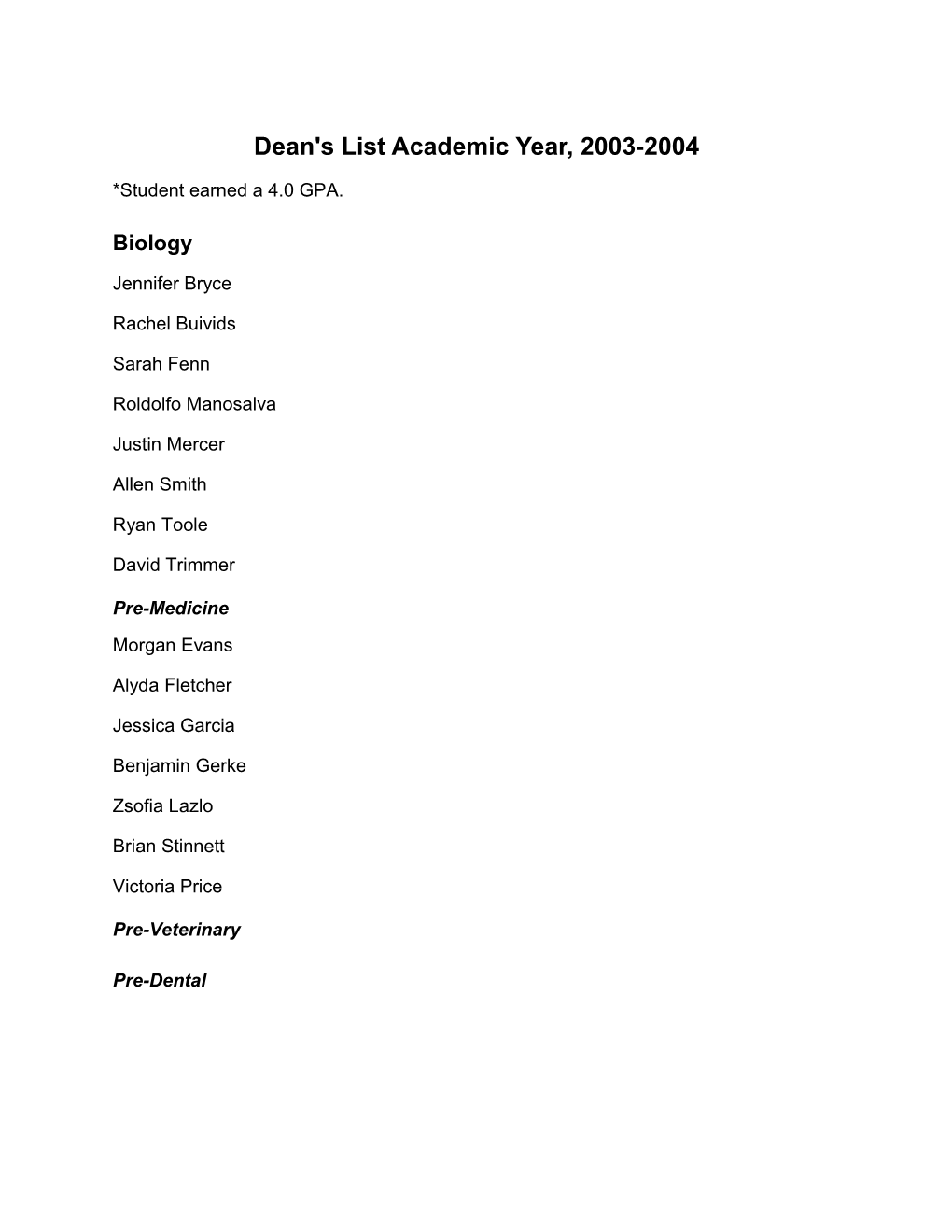 Dean's List Academic Year, 2003-2004
