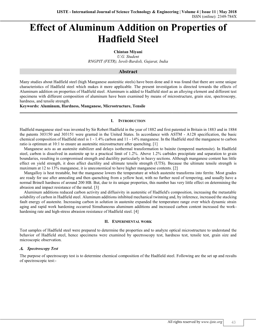 Effect of Aluminum Addition on Properties of Hadfield Steel (IJSTE/ Volume 4 / Issue 11 / 009)