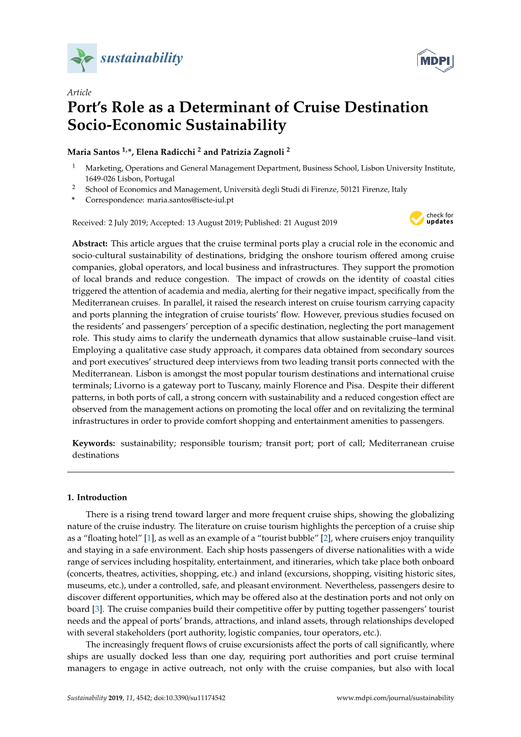 Port's Role As a Determinant of Cruise Destination Socio-Economic Sustainability