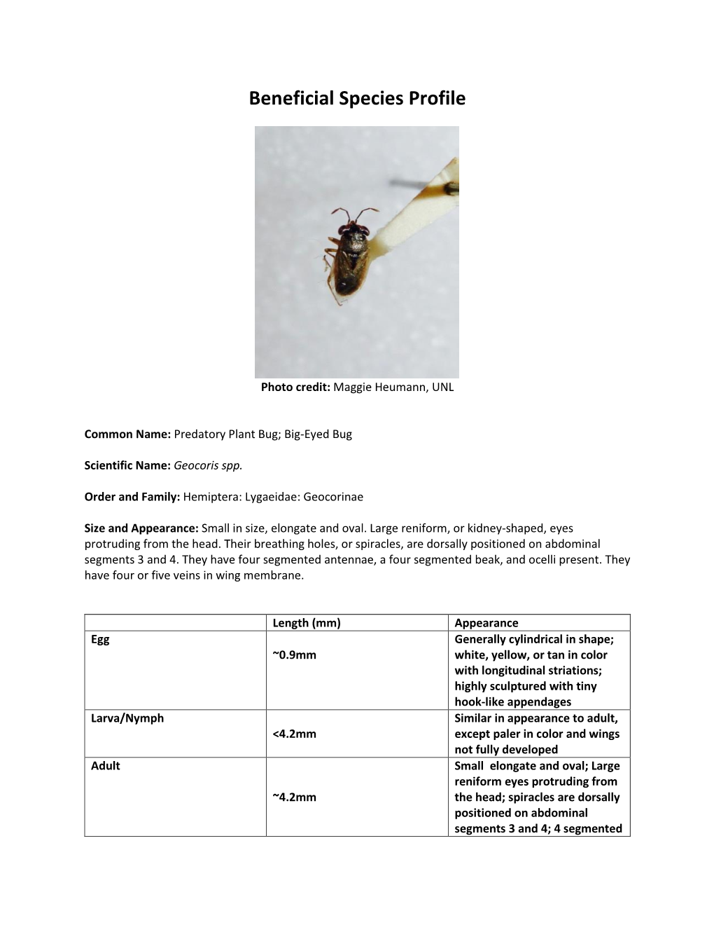 Beneficial Species Profile