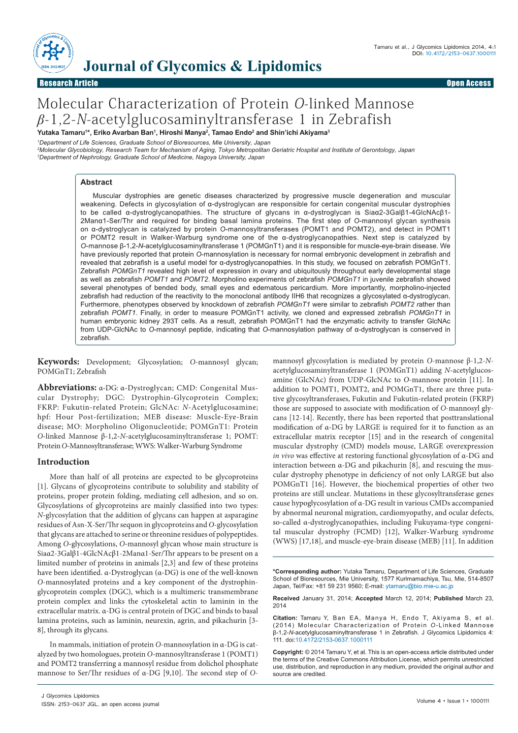 Molecular Characterization of Protein O-Linked Mannose Β-1, 2-N