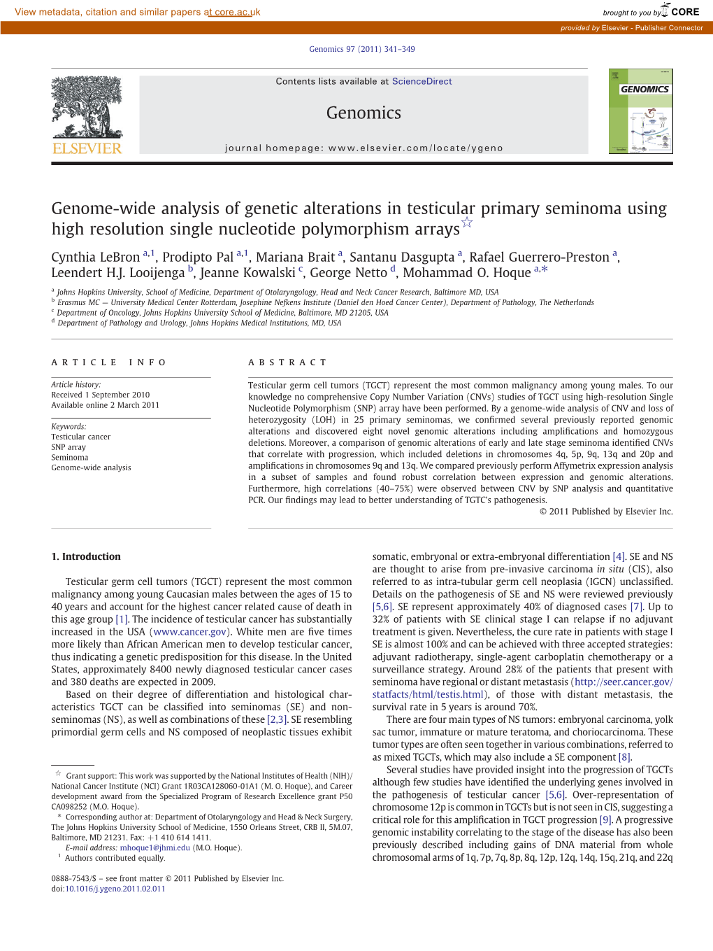 Genome-Wide Analysis of Genetic Alterations in Testicular Primary Seminoma Using High Resolution Single Nucleotide Polymorphism Arrays☆