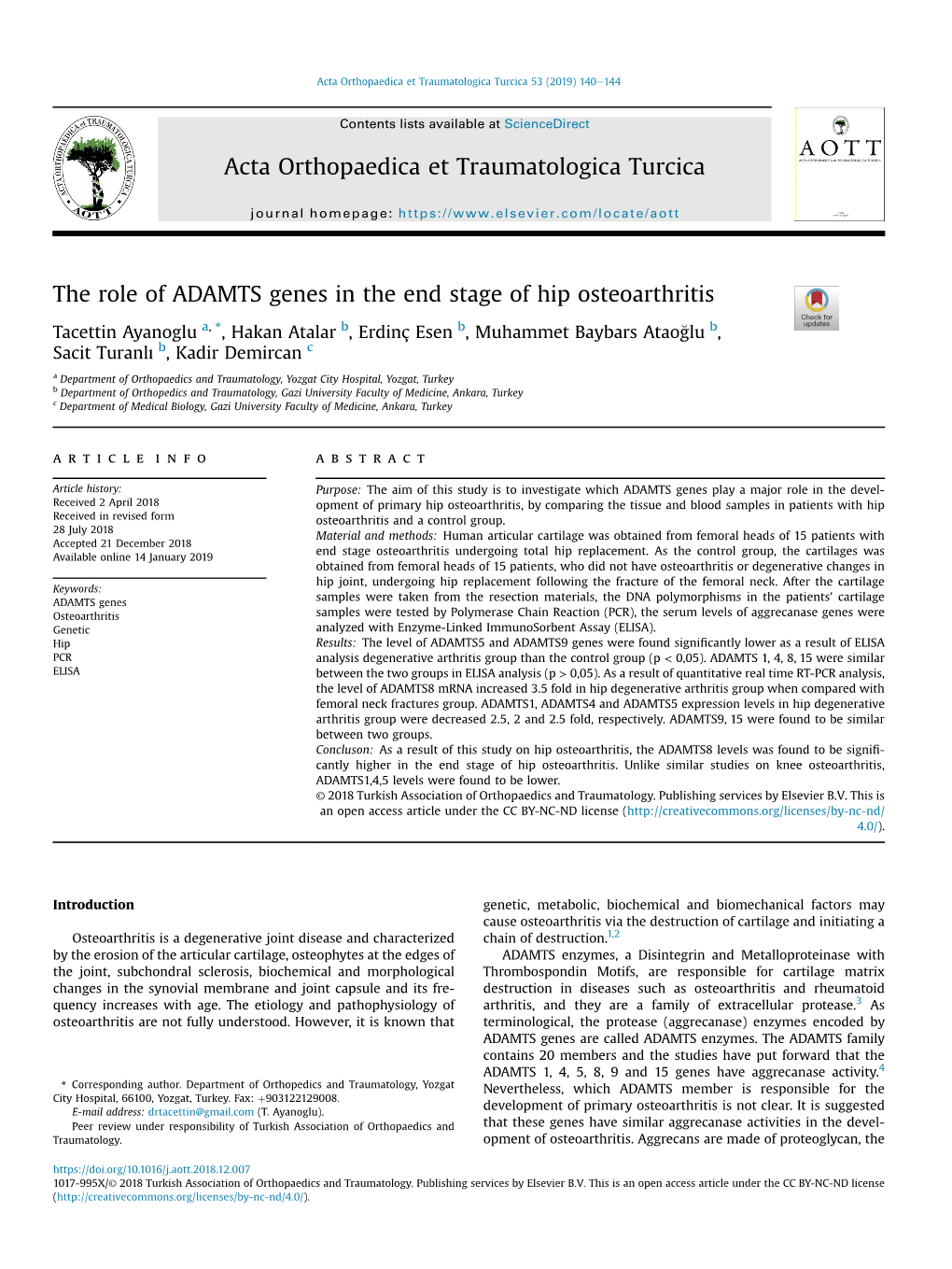 The Role of ADAMTS Genes in the End Stage of Hip Osteoarthritis