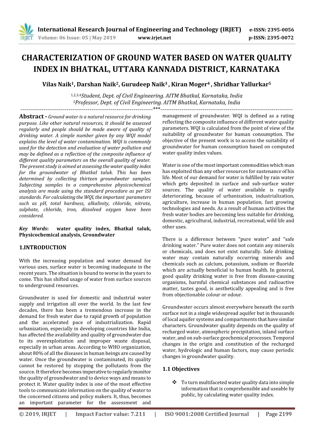 Characterization of Ground Water Based on Water Quality Index in Bhatkal, Uttara Kannada District, Karnataka