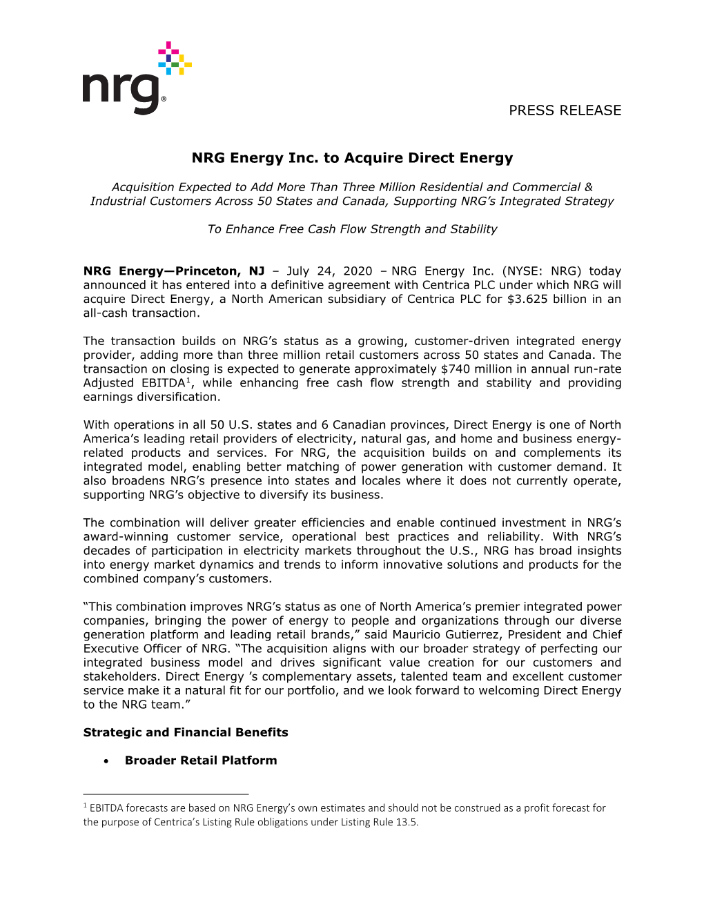 PRESS RELEASE NRG Energy Inc. to Acquire Direct Energy