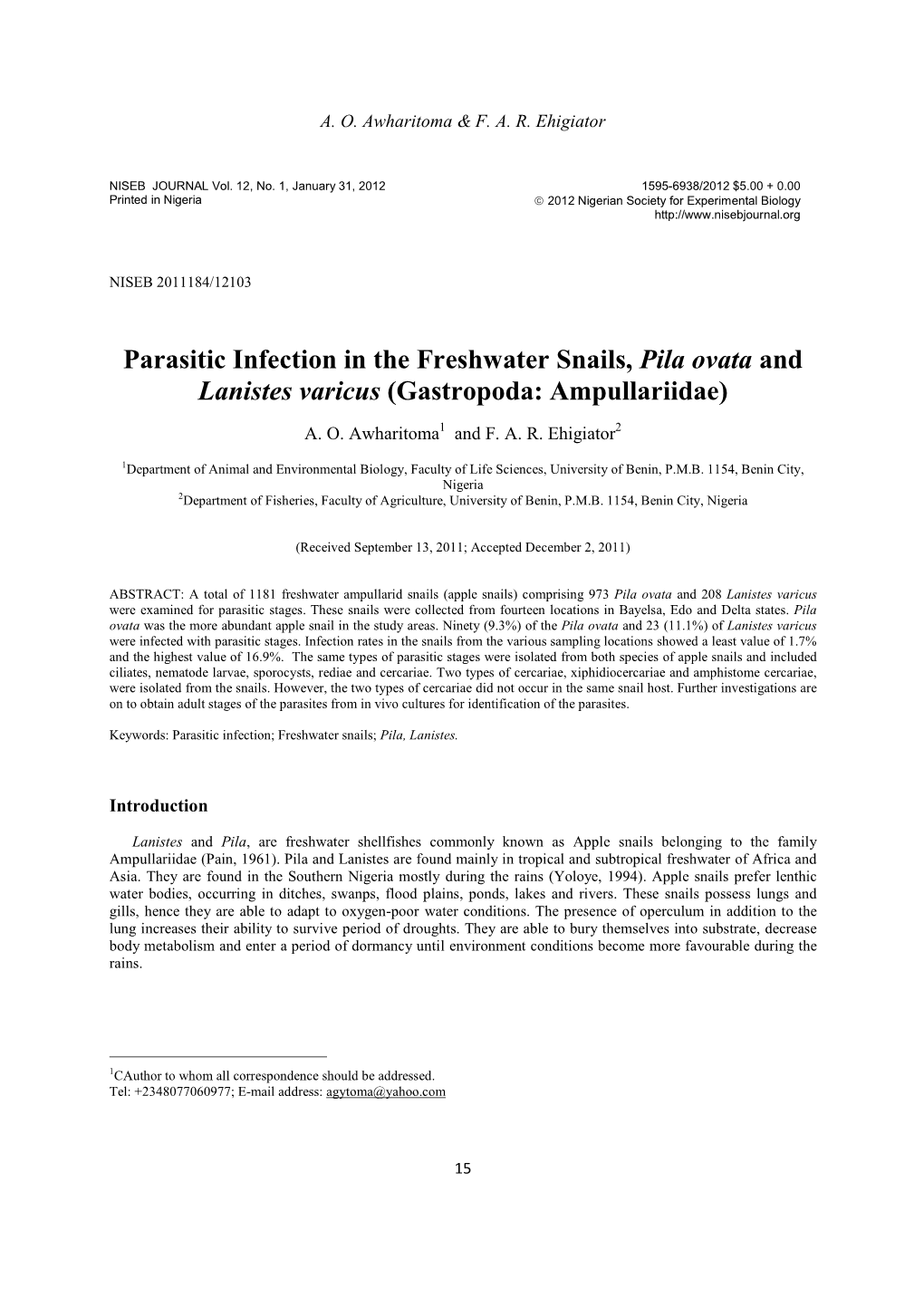 Parasitic Infection in the Freshwater Snails, Pila Ovata and Lanistes Varicus (Gastropoda: Ampullariidae)