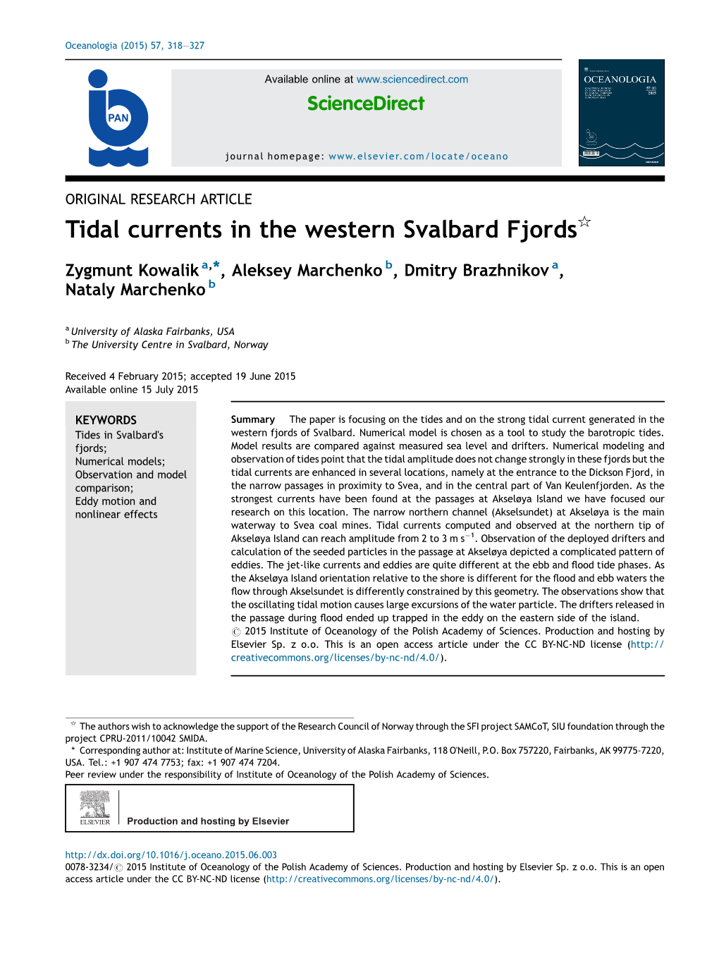 Tidal Currents in the Western Svalbard Fjords