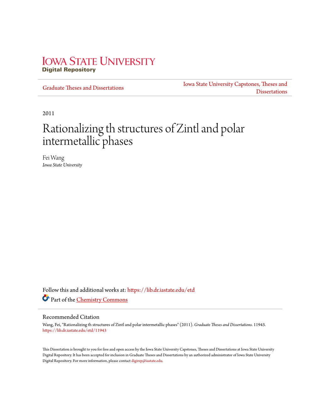 Rationalizing Th Structures of Zintl and Polar Intermetallic Phases Fei Wang Iowa State University