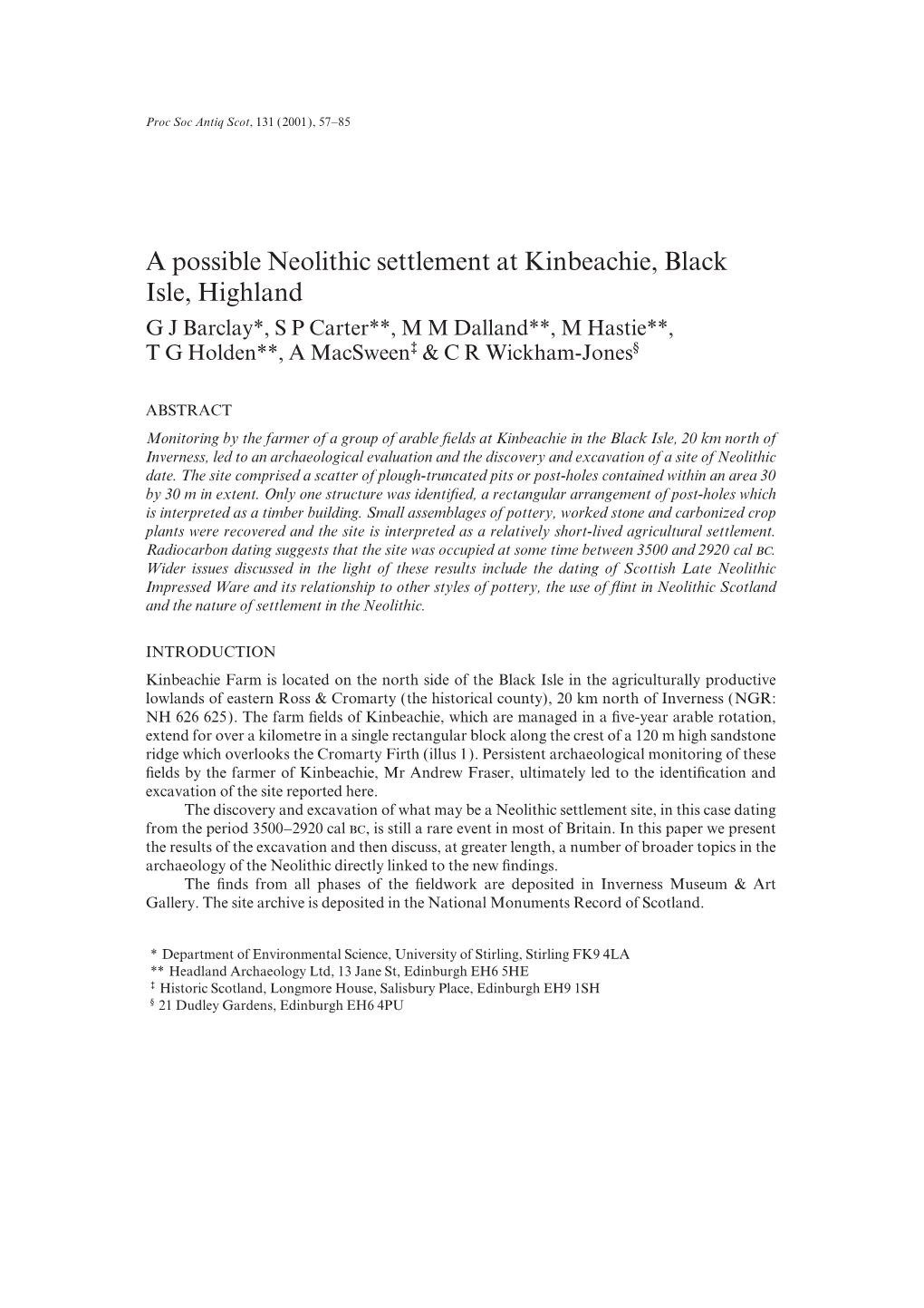 A Possible Neolithic Settlement at Kinbeachie, Black Isle, Highland