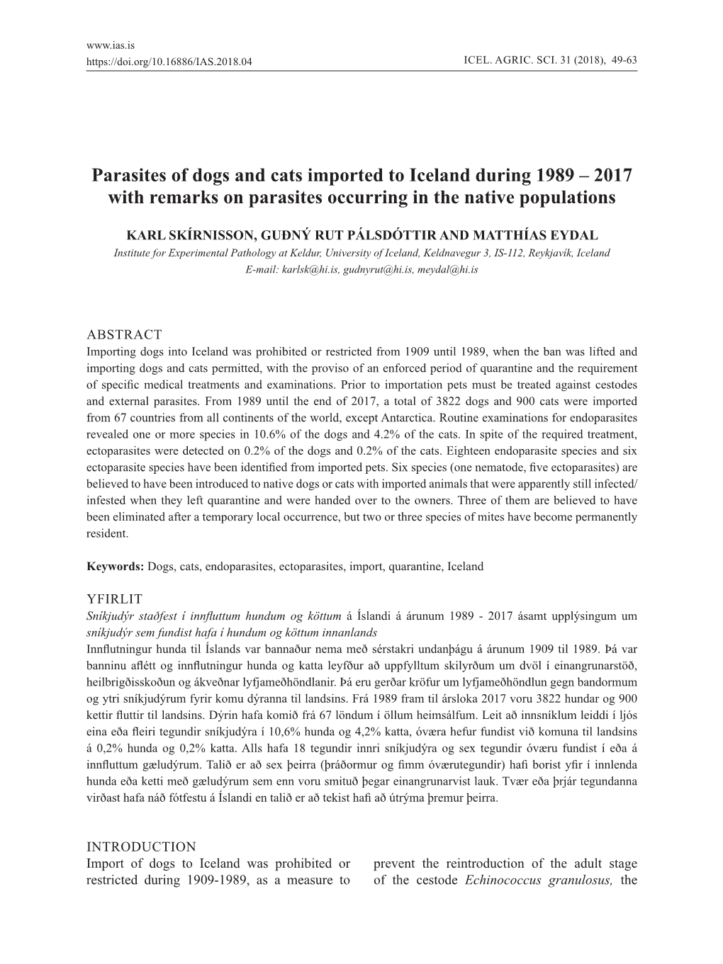 Parasites of Dogs and Cats Imported to Iceland During 1989 – 2017 with Remarks on Parasites Occurring in the Native Populations