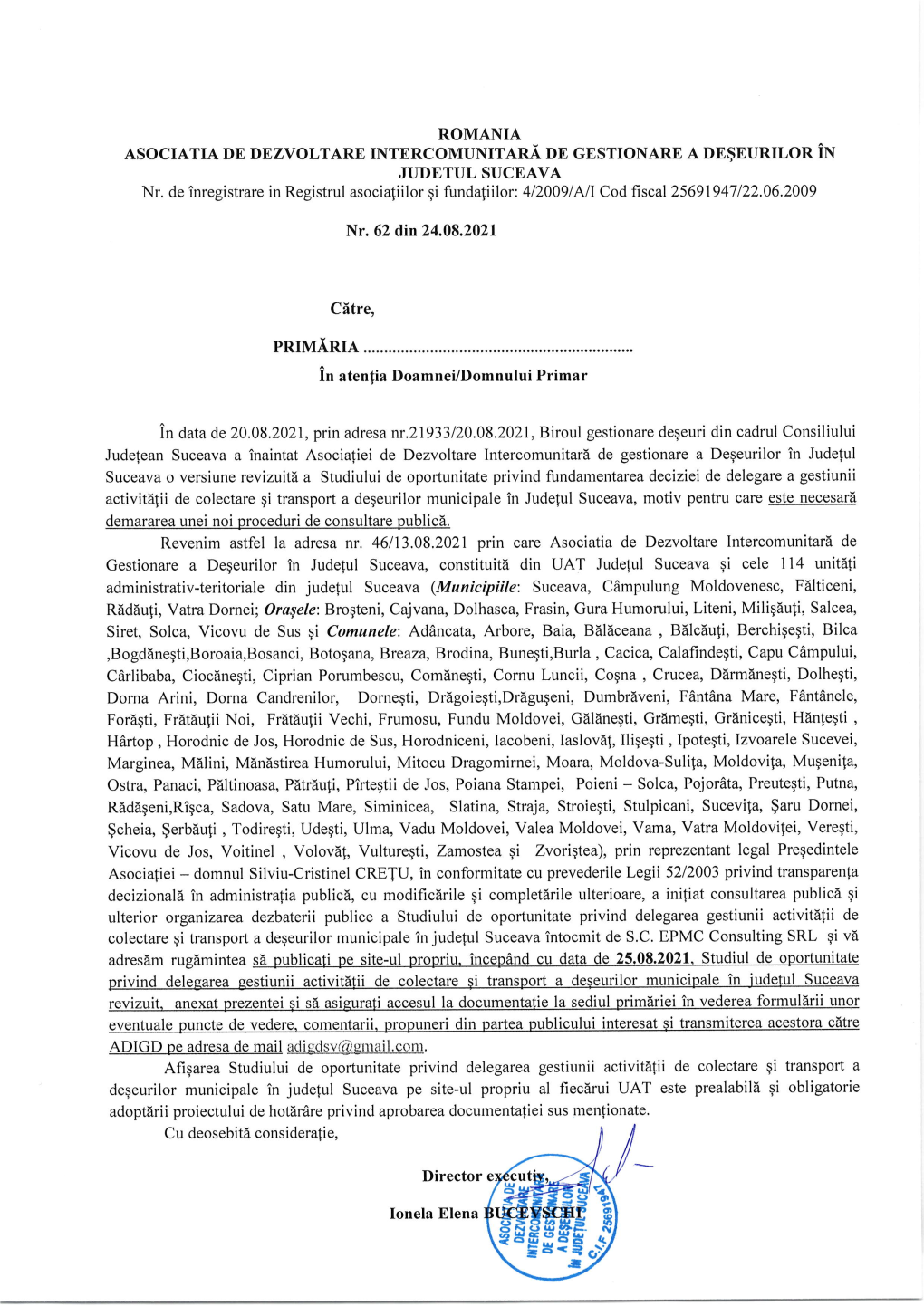 ROMANIA ASOCIATIA DE DEZVOLTARE INTERCOMUNITARA DE GESTIONARE a DE$EURILOR in JUDETUL SUCEAVA Nr