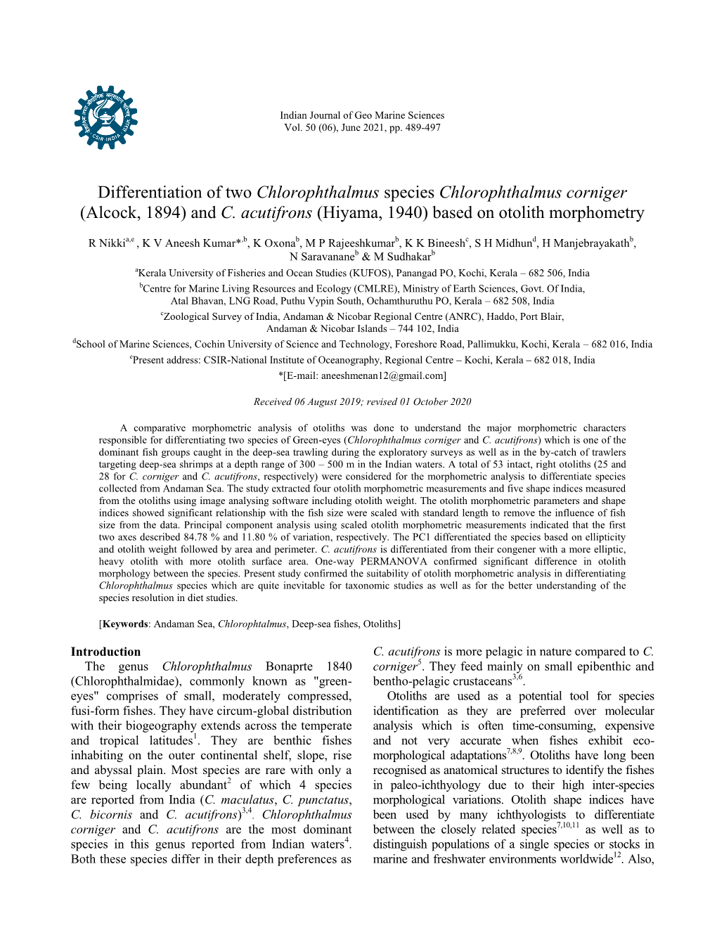 Differentiation of Two Chlorophthalmus Species Chlorophthalmus Corniger (Alcock, 1894) and C. Acutifrons (Hiyama, 1940) Based on Otolith Morphometry