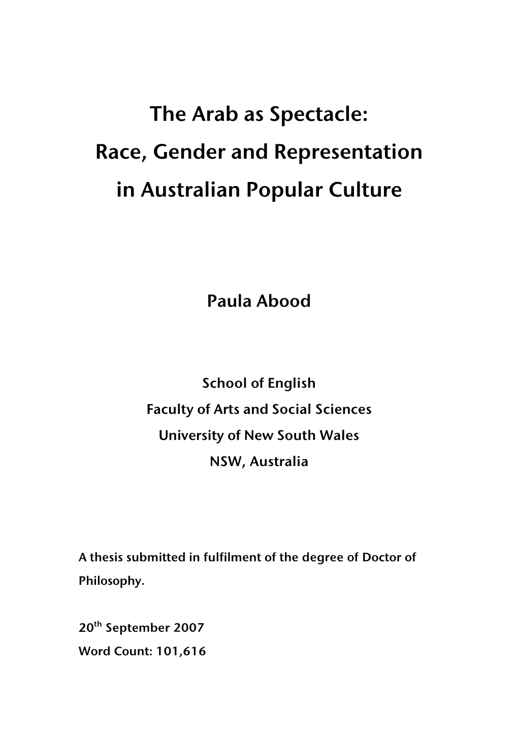 The Arab As Spectacle: Race, Gender and Representation in Australian Popular Culture