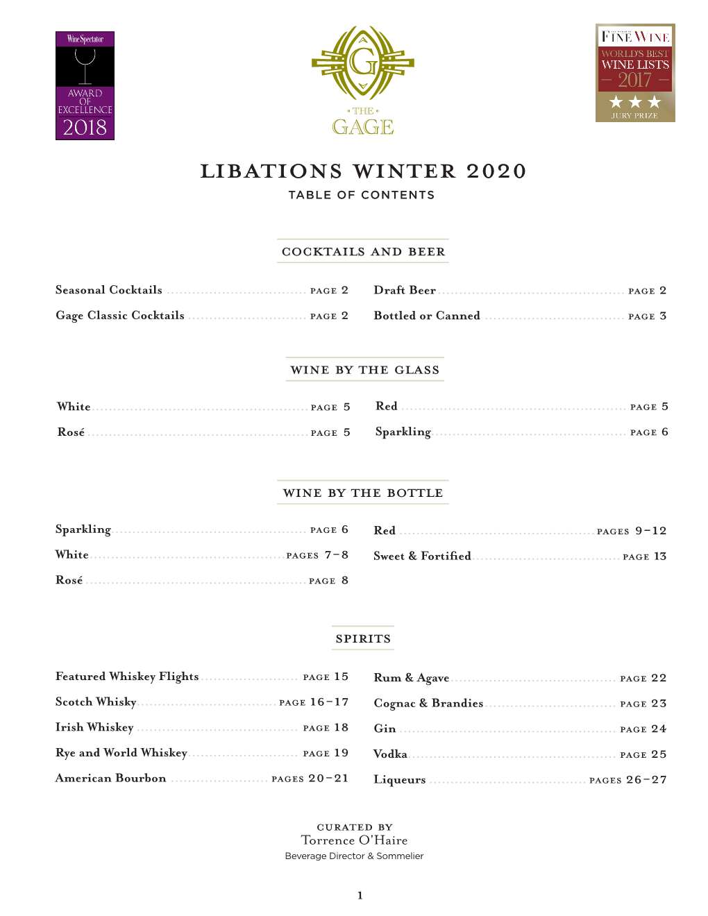 Libations Winter 2020 TABLE of CONTENTS