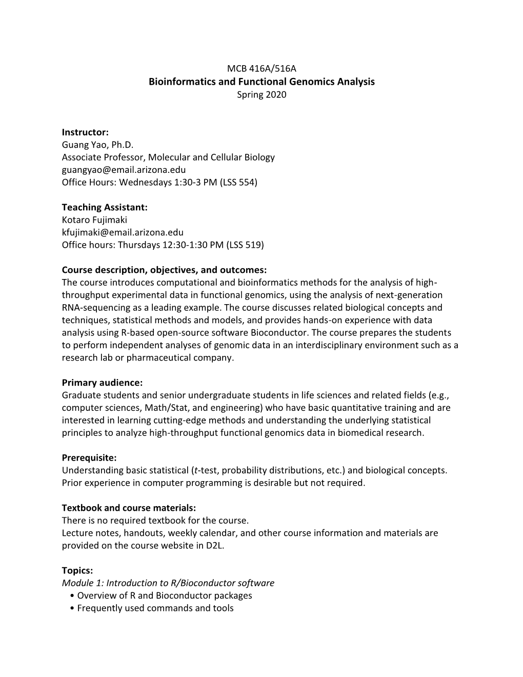 Bioinformatics and Functional Genomics Analysis Spring 2020