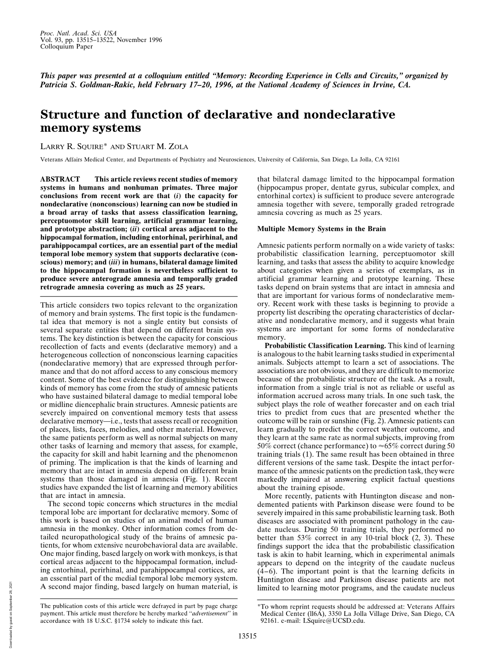 Structure and Function of Declarative and Nondeclarative Memory Systems