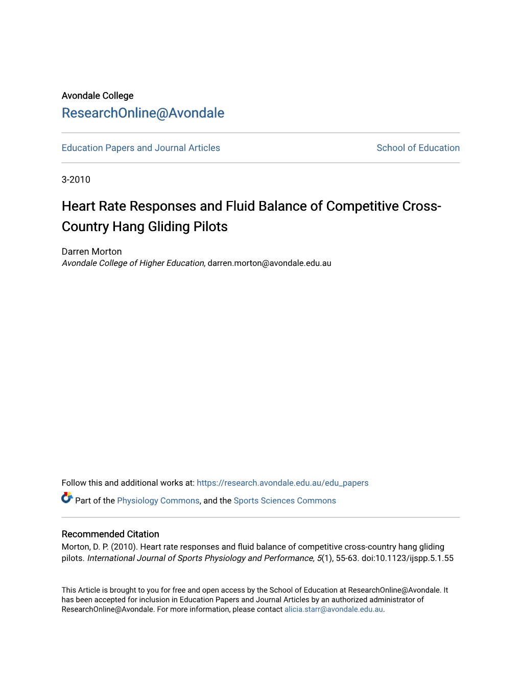 Heart Rate Responses and Fluid Balance of Competitive Cross- Country Hang Gliding Pilots