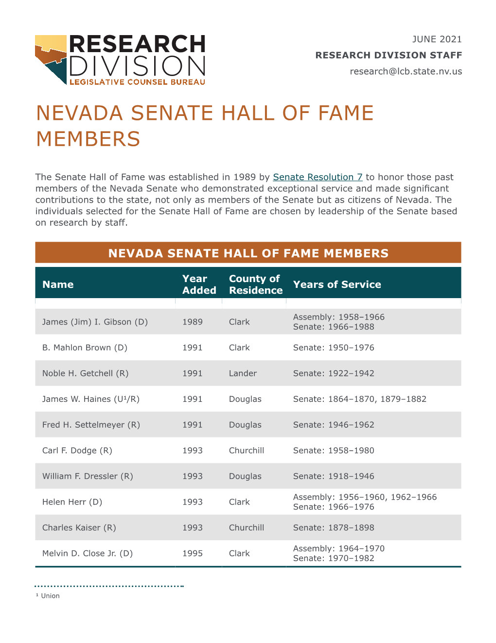 Nevada Senate Hall of Fame Members