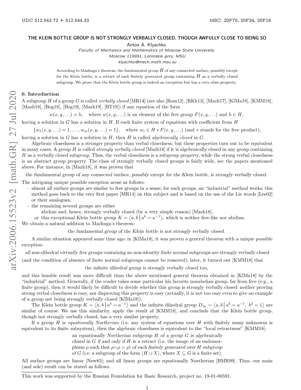 Arxiv:2006.15523V2 [Math.GR]