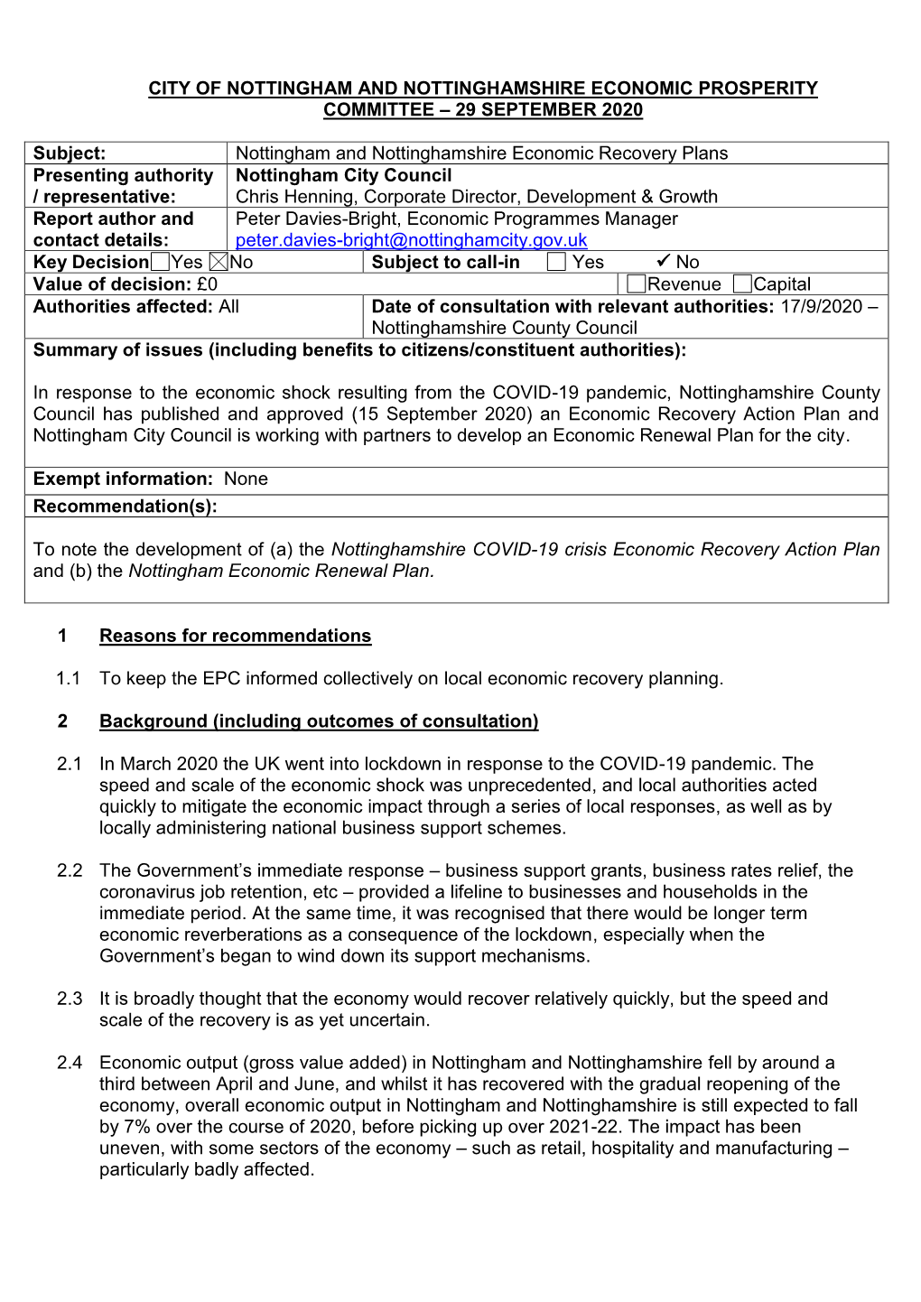 City of Nottingham and Nottinghamshire Economic Prosperity Committee – 29 September 2020