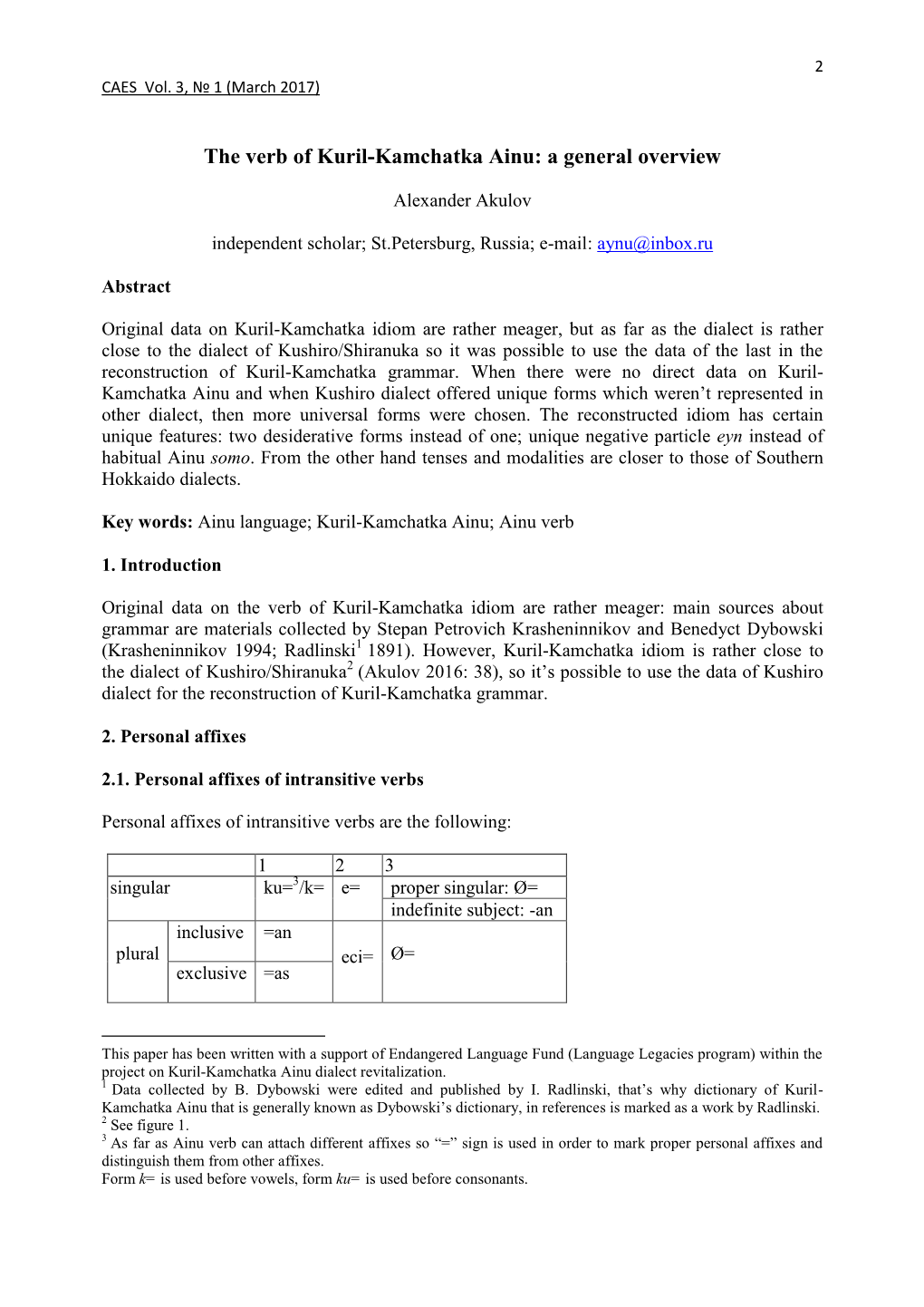 The Verb of Kuril-Kamchatka Ainu: a General Overview